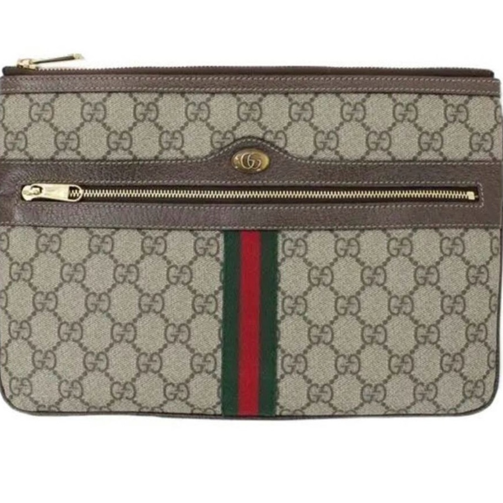 GG Supreme Monogram Large Ophidia Pouch Clutch Brown